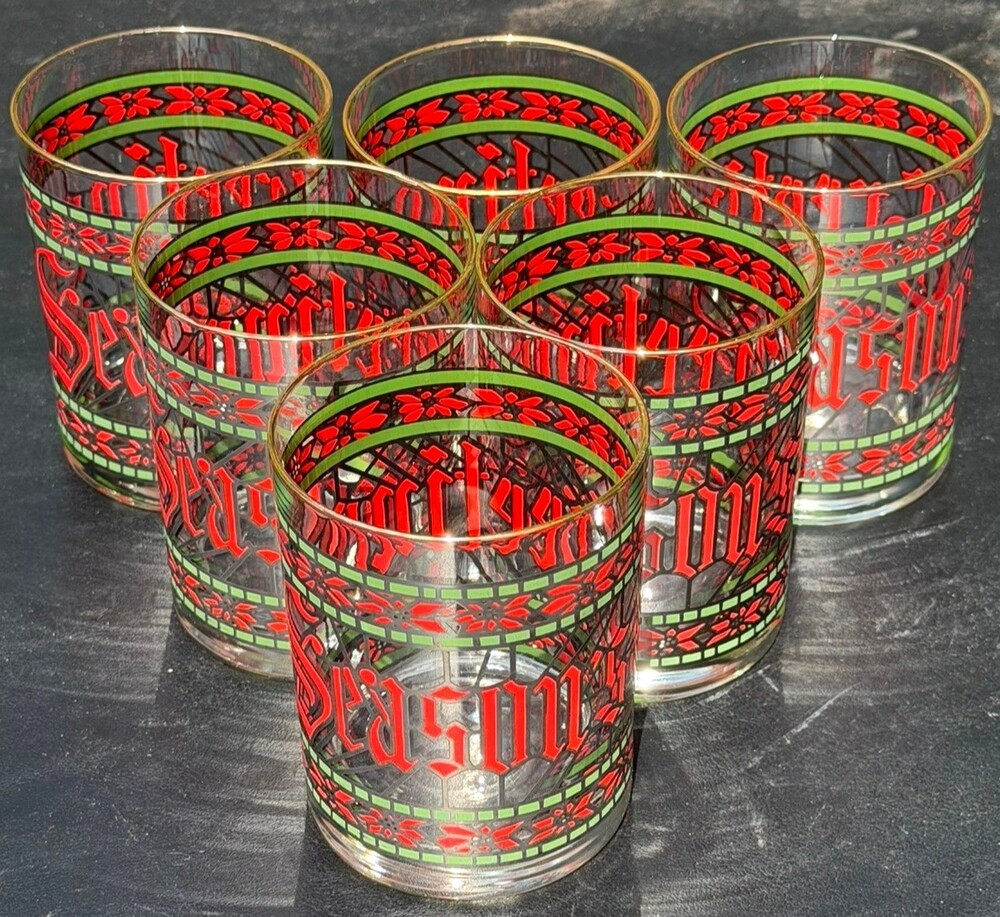 Vintage Houze Seasons Greetings Christmas Lowball Glasses 1970s Gold Rim Set 6
